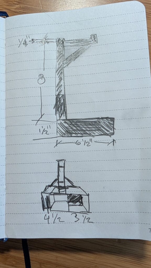 Hand-drawn sketch of the headphone stand, front and left side views