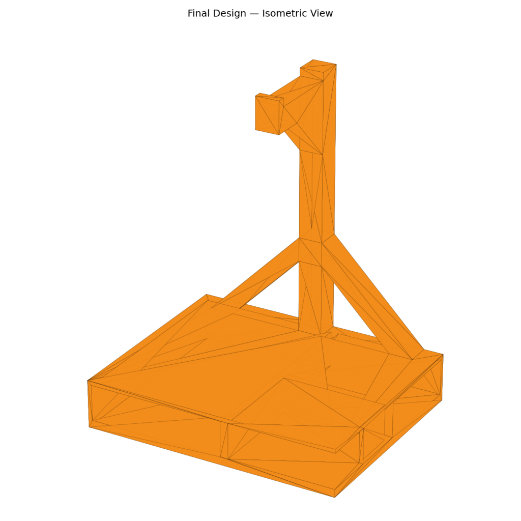 Isometric CAD render of the final headphone stand design