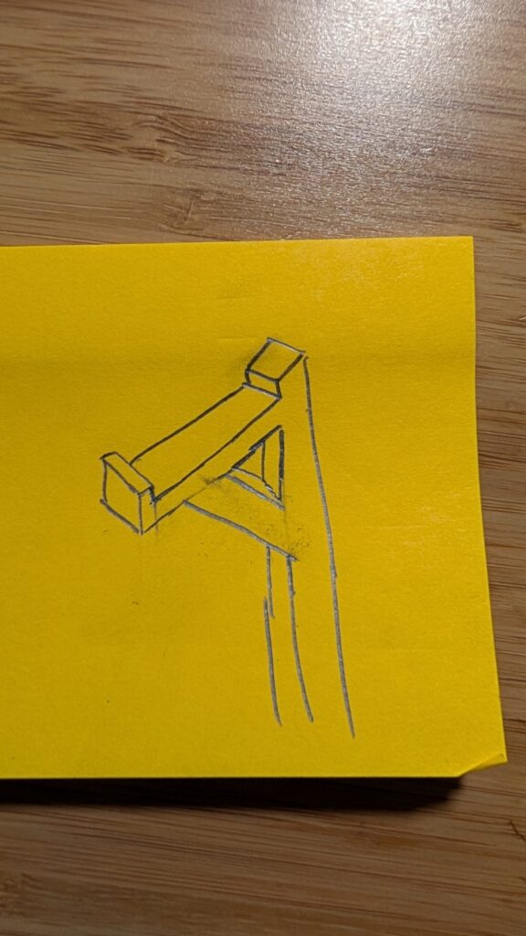 Hand-drawn sketch detailing the arm, post, and support brace geometry